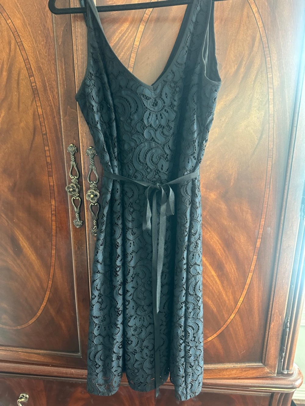 LOFT Black Lace Midi Dress with V-Neck and Tie Waist